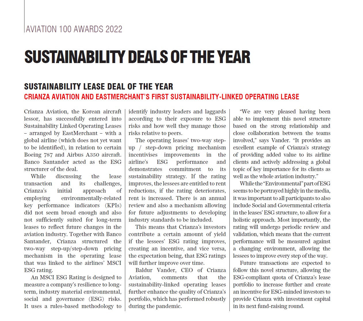 Crianza wins Sustainability Lease Deal of the Year 2022 Award CRIANZA